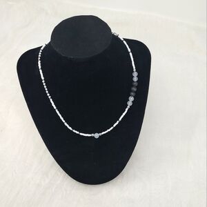 Handmade small white, gray bead asymmetrical choker/short length necklace